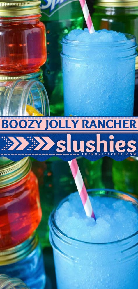 Boozy Jolly Rancher Slushies Jolly Rancher Slushies, Blended Drinks Alcohol, Frozen Alcoholic Drinks Recipes, Slushy Alcohol Drinks, Alcoholic Slush Recipes, Jolly Rancher Drink, Frozen Mixed Drinks, Alcoholic Slushies, Frozen Drinks Alcohol