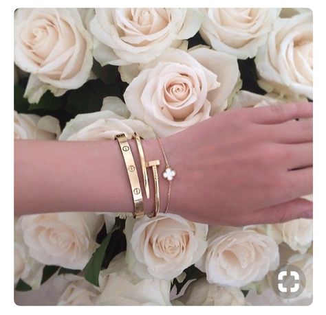 I love the Van Cleef Sweet Alhambra bracelet with the Cartier Love bracelet. Cartier Nail bracelet is not my style. Cartier Nail Bracelet, Summer Jewlery, Paracord Collar, Bracelet Cartier, Screw Bracelet, Nail Bracelet, Cartier Jewelry, Love Bracelet, Summer Bracelets