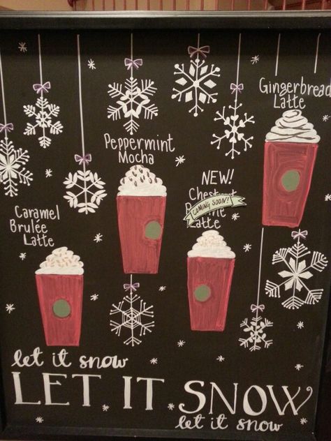 Christmas 2014 Starbucks Signage Chalk Art, Starbucks Christmas Chalkboard Art, Starbucks Signs Chalk Christmas, Christmas Coffee Board Ideas, Christmas Coffee Shop Sign, Starbucks Christmas Art, Starbucks Chalkboard Art Christmas, Starbucks Christmas Decorations, Christmas Coffee Chalkboard Art