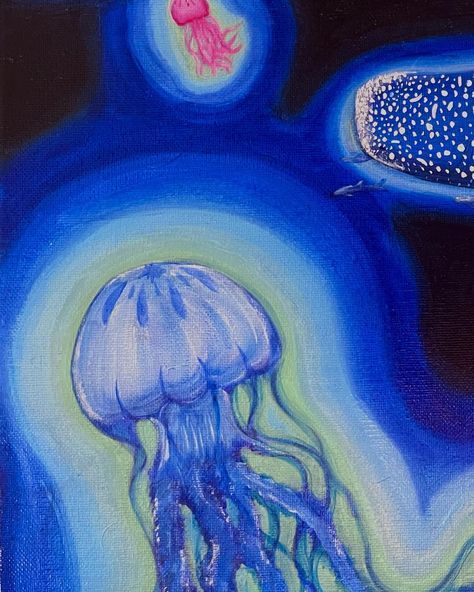 Glowing depths🪼 #oceanlife #jellyfish #swimgood #whaleshark #oilpainting #water #glowing #art #artistsoninstagram #artoftheday #artist #artcollector #artlover #canvaspainting #painting Painting Water, Jellyfish Painting, Jellyfish Art, Whale Shark, Ocean Life, Jellyfish, Art Collector, Easy Paintings, Art Day