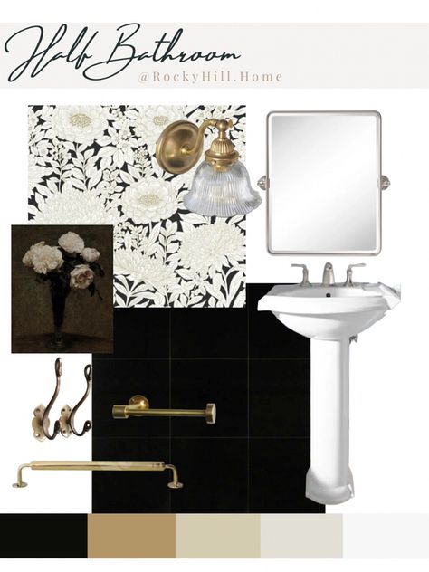 Ivory and black half bathroom mood board with honed granite tile floors and floral wallpaper Follow my shop @RockyHill.Home on the @shop.LTK app to shop this post and get my exclusive app-only content! #liketkit #LTKstyletip #LTKhome @shop.ltk https://liketk.it/4cMPs Floral Half Bathroom, Cream Tile Bathroom, Black Half Bathroom, White And Cream Bathroom, Cottage Glam, Bathroom Mood Board, Cream Tile, Cream Bathroom, Honed Granite