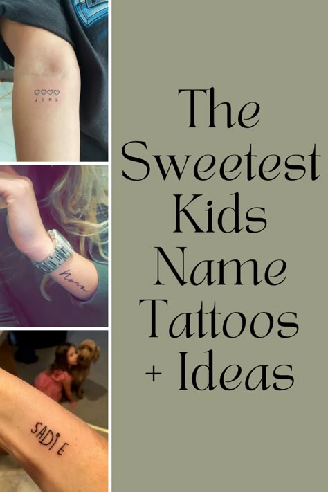 57 Sweetest Kids Name Tattoos + Ideas - TattooGlee Tatoo Ideas For Kids, Mom Of Four Tattoo Ideas, Family Initial Tattoo Ideas For Women, Simple Mother Tattoos, Mother Of Four Tattoo Ideas, Name Tattoos With Design, 3 Letter Tattoo Ideas, Tattoo Ideas For 2 Kids, Small Kids Name Tattoos For Women