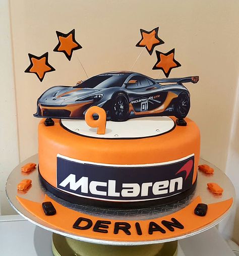 McLaren car cake Mclaren Cake Ideas, Mclaren Birthday Party, Mclaren Birthday Cake, Lamborghini Cakes For Boys, Racing Car Cake For Boys, Car Theme Cake For Men, Sports Car Cake, Car Chocolate, Thar Car