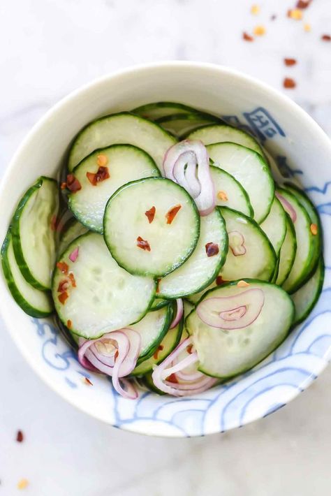 Quick Asian Pickled Cucumbers | foodiecrush.com Asian Pickled Cucumbers, Thai Cucumber Salad, Pickled Cucumbers, Asian Cucumber Salad, Recipes Savory, Quick Pickled Cucumbers, Pickle Recipe, Easy Asian, Cucumber Recipes Salad