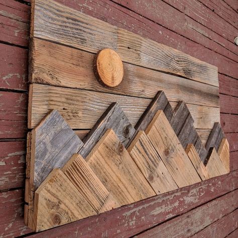 Mountain Wood Wall, Scrap Wood Art, Mountain Wood Art, Mountain Wood Wall Art, Wood Art Diy, Wood Wall Art Diy, Wood Art Projects, Reclaimed Wood Projects, Wood Scraps