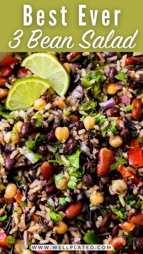 Three bean salad with a fresh Tex-Mex spin! Wild rice, jalapeño, and a zippy honey-lime dressing give it bright flavor. Perfect for a crowd! Three Bean Salad Recipe, 3 Bean Salad, Rice Dishes Recipes, Honey Lime Dressing, Bean Salad Recipe, Wild Rice Salad, Three Bean Salad, Bean Salad Recipes, Rice Salad