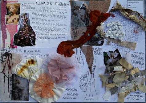 https://flic.kr/p/jsCbBH | McQueen Research | A Level Flower project. Designer research – Alexander McQueen. Primary research at Savage Beauty exhibition in New York. Further development of dress designs inspired by McQueen. Fashion Sketchbook Inspiration, Fashion Portfolio Layout, Sketchbook Layout, Textiles Sketchbook, A Level Textiles, Fashion Design Books, Gcse Art Sketchbook, A Level Art Sketchbook, Arte Peculiar