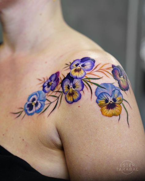 ESTER TARABAL ✦ Tattoo Artist | Pansies for Trine ✨ Done at @dropout_collective using @kurosumitattooink Imperial and @nexus_cartridges, protected with @dermalizepro -… | Instagram Pansie Tattoo, Clematis Tattoo, Pansy Tattoo, Cousin Tattoos, Mastectomy Tattoo, Tiny Heart Tattoos, Colorful Tattoos, Number Tattoos, Red Rose Tattoo