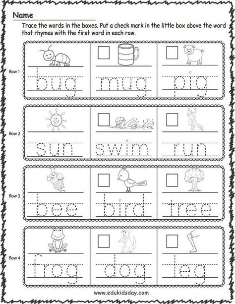 none Rhyme Words Kindergarten, Kindergarten Name Worksheets, Writing Activity For Kindergarten, Rhyming Worksheets Preschool, Kindergarten Assessment Free Printable, Kindergarden Worksheet Printable, Words Kindergarten, Kindergarten Rhyming, Spring Math Kindergarten