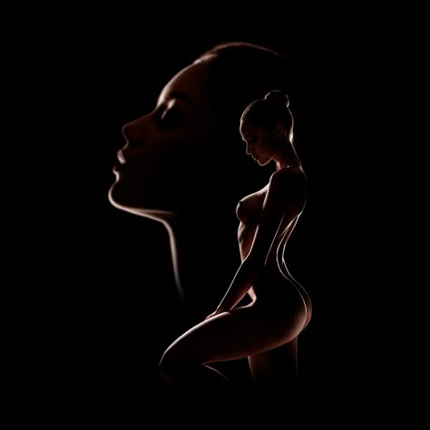 Photographs of a nude silhouette of a woman in chiaroscuro with, in double exposure, a portrait of the woman in the background. The Background, Images Of, Double Exposition, Female Silhouette, Portrait Fashion, Woman Silhouette, Chiaroscuro, To The, Double Exposure