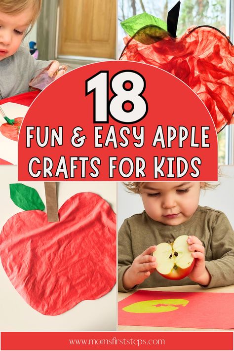 Looking for apple crafts and activities for preschoolers and toddlers? Our list of 18 apple crafts for preschoolers are easy, mess-free, and use simple supplies you already have at home. List includes paper plate crafts, gross motor crafts, apple crafts, pom pom crafts, fall crafts for toddlers, apple crafts preschool, apple art projects, DIY fall decor, apple activities preschool, fall toddler crafts, and more. These are perfect September and October craft ideas for kids. Apple Crafts For Two Year Olds, Easy Apple Crafts Preschool, Apple Projects Preschool, Preschool Apple Art, October Craft Ideas, Apple Art For Toddlers, September Crafts Preschool, Preschool Apple Crafts, Apple Crafts For Toddlers