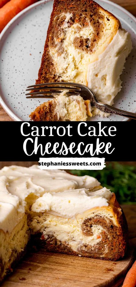 This carrot cake cheesecake is a combination of carrot cake and a cheesecake! It has swirls of carrot cake and cheesecake. It is topped with cream cheese frosting. This is the best of both desserts! Cake And Cheesecake, Carrot Cake Dessert, Carrot Cake Cheesecake Recipe, Carrot Cheesecake, Easter Carrot Cake, Carrot Cake Cheesecake, Cake Cheesecake, Easter Desserts, Cheesecake Cake