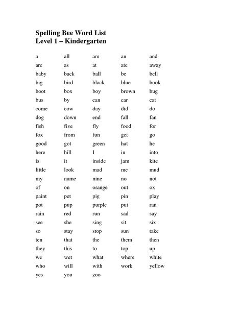 Spelling Kindergarten, Spelling Bee Word List, Kindergarten Spelling Words, Homeschool Spelling, Spelling Bee Words, Kindergarten Spelling, 2nd Grade Spelling Words, Sight Words Worksheets, Kindergarten Sight Words