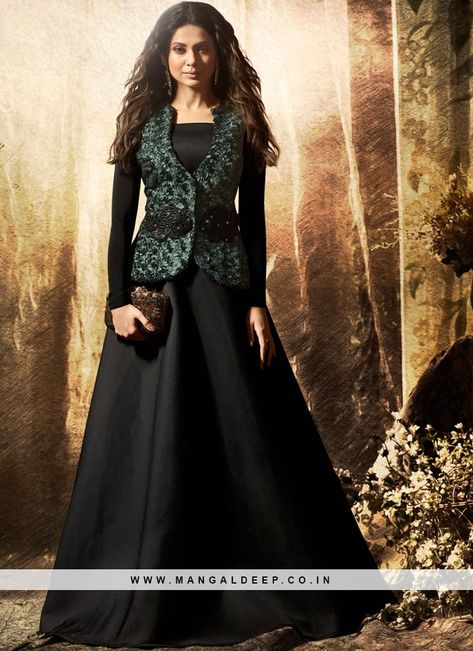 Charming Black Color Festive Wear Fancy Anarkali Salwar Suit #salwarkameez #anarkali Jacket Abaya, Casual Gown, Orang India, Suit With Jacket, Casual Gowns, Gown With Jacket, Resham Work, Abaya Style, Gaun Fashion