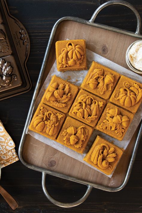 Baked pumpkin blondies on a platter with pan on side. Thanksgiving Foods, Baked Dessert, Blondie Bar, Pumpkin Loaf, Mini Loaf Pan, Square Pan, Pumpkin Bars, Fall Cakes, Nordic Ware