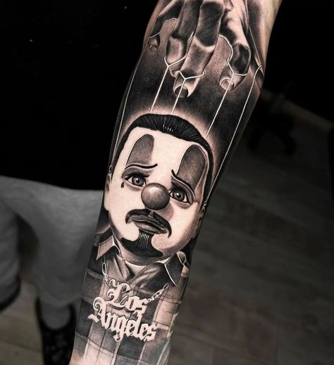 Chicana Clown Tattoo, Mexican Clown Tattoo, Chicano Clown Tattoo, Marionette Tattoo, Clown Face Tattoo, Cholo Tattoo, Hollywood Tattoo, Tattoo Sketch Art, Evil Clown Tattoos