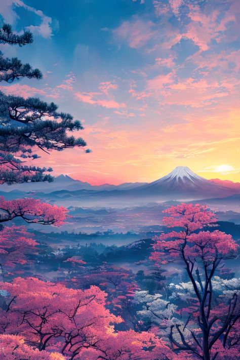 From a hilltop, a breathtaking view unfolds over a valley filled with forests, with a snowy mountain on the horizon, creating a serene and captivating scene in a digital artwork. Foliage Painting, Abstract Pencil Drawings, Valley Of Flowers, Fantasy Background, Snowy Mountain, Pretty Backgrounds, Fantasy Castle, Snowy Mountains, Fantasy Art Landscapes