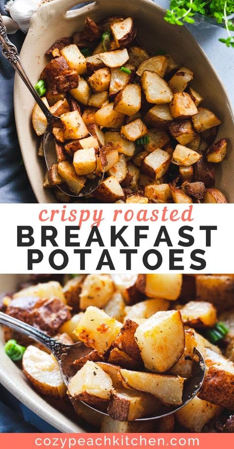 These flavorful oven-roasted breakfast potatoes are soft on the inside and crispy on the outside. This is the best way to roast potatoes for breakfast, lunch, and dinner! Vegetarian Egg Casserole, Roasted Breakfast Potatoes, Crispy Breakfast Potatoes, Crispy Roasted Potatoes, Winter Dinners, Peach Kitchen, Vegetarian Comfort Food, Vegetarian Meal Prep, Vegetarian Thanksgiving