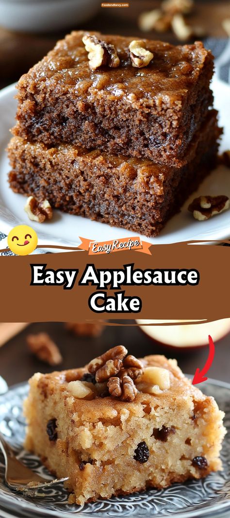 This Easy Applesauce Cake is a deliciously moist and spiced cake that's simple to make and comforting to eat. Made with applesauce for natural sweetness and a variety of spices that evoke the essence of fall, it's topped with a creamy frosting for the perfect finish. Ideal for an afternoon snack, breakfast, or any occasion that calls for a homemade treat. #ApplesauceCake #EasyBaking #ComfortFood Apple Cake Made With Applesauce, Gingerbread Applesauce Cake, Applesauce Pound Cake, Dessert With Applesauce, Old Fashion Applesauce Cake, Cake Mix Applesauce Cake, Applesauce Desserts Healthy, Apple Sauce Cake Recipe Easy, Gluten Free Applesauce Cake