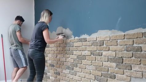 DIY ROOM MAKE OVER USING BRICK SLIPS Brick Slips Kitchen, Outdoor Halloween Decorating, Faux Brick Backsplash, Halloween Decorations Diy, Home Decor Ideas Living Room Apartment, Brick Slips, Brick Accent Walls, Faux Brick Panels, Stone Accent Walls