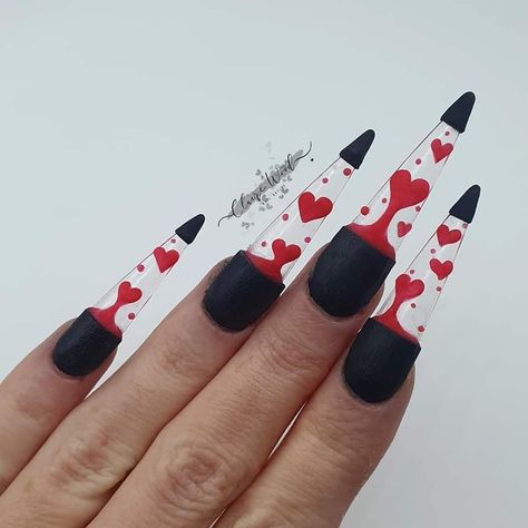 Emo Valentines Day Nails, Short Edgy Nails, Pansexual Nail Art, Valentines Day Nails Stiletto, Edgy Valentines Nails, Gothic Valentines Nails, Lava Lamp Nails, Lamp Nails, Birthday Things