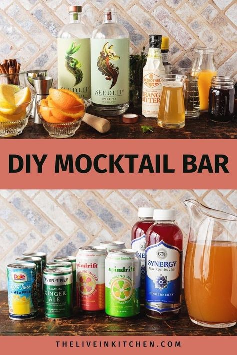 Mocktails are more popular than ever, so consider setting up a DIY mocktail bar to make mixing non-alcoholic drinks easier than ever! Whether you want to be set up to make a mocktail after work or serve guests unlimited mixing options at your next party, this post will show you how to craft the perfect mocktail and keep your bar stocked with essentials like fruit juices, bitters, and bubbly drinks. Get all the info and links to mocktail recipes at theliveinkitchen.com. Mocktail Bar Ideas, Drinks Nonalcoholic Easy, Bar Drink Recipes, Mock Cocktails, Bubbly Drinks, Mocktail Bar, Easy Mocktail Recipes, Rosemary Simple Syrup, Spiced Drinks