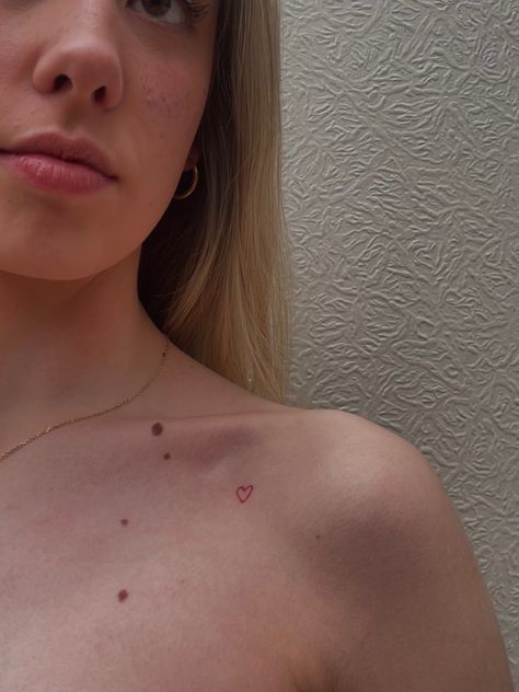 Red Heart Shoulder Tattoo, Mole Tattoo Coverup, Heart Mole Tattoo, Heart Shoulder Tattoo, Pink Heart Tattoo, Mole Tattoo, Collar Tattoo, Small Red Heart, Red Heart Tattoos