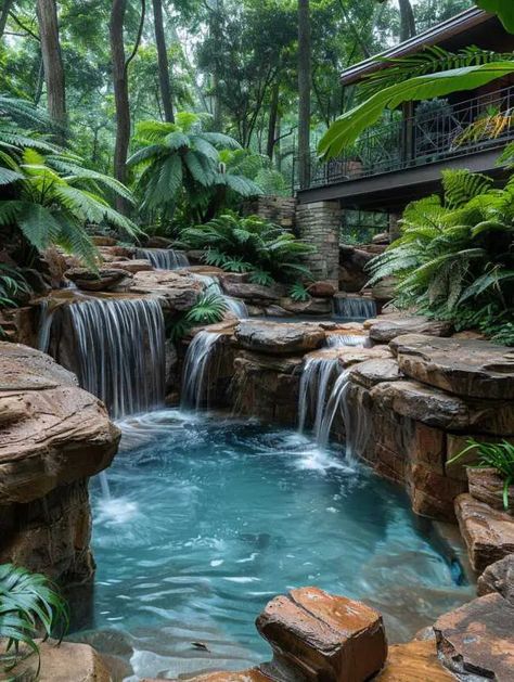 Pool Ideas With Waterfall, Solar Waterfall, Waterfall Backyard, Pools With Waterfalls, Pool Spa Ideas, Small Backyard Pool Ideas, Tropical Pool Landscaping, Waterfall Pool, Pool And Jacuzzi