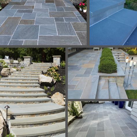 Bluestone flagstone and pavers are a great choice for exterior landscaping due to their affordability, unique coloring, and most importantly, durability. Three popular colors include: full range bluestone, bluestone select and Italian bluestone. For more, see LINK IN BIO. Bluestone Front Steps, Belgian Bluestone, Bluestone Sidewalk, Blue Stone Walkway Bluestone Pavers, Everblue Pavers, Bluestone Pavers, Masonry Construction, Exterior Fireplace, Landscape Stone