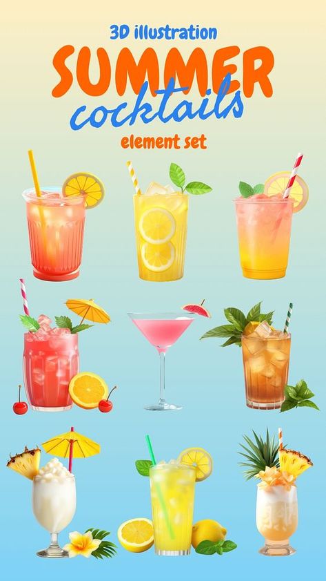 Summer cocktail drink set, editable design element | premium image by rawpixel.com / Hein Food 3d, Summer Drink Cocktails, Tropical Food, Summer Illustration, Cocktail Drink, Summer Cocktail, Drinking Set, Fruit Art, Template Ideas