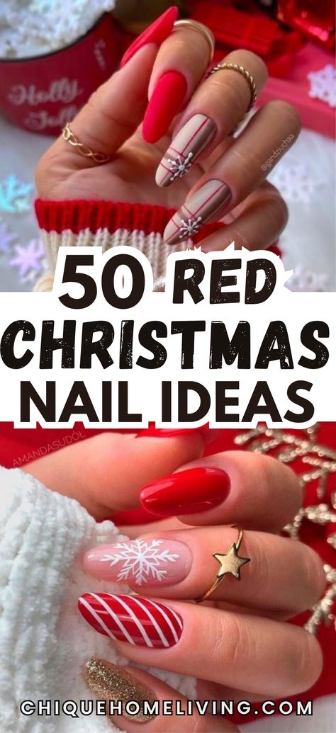 Ready to sleigh your holiday look? Check out these 50 red Christmas nail ideas that are perfect for adding festive flair to your style this season! From classic crimson shades to glittery accents and whimsical nail art, these designs will make your nails the star of any holiday gathering. Think elegant matte finishes, playful candy cane stripes, and stunning snowflake designs to get you into the holiday spirit. Pretty Red Nails Design, Christmas Nails Korean, Christmas Nail Inspo Simple, Nude Cat Eye Nails, Holiday Nail Designs Winter, Red Christmas Nail, Christmas Party Nails, Christmas Nail Designs Acrylic, Christmas Nail Ideas