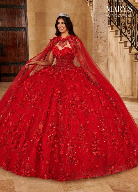 Cape Quinceanera Dress by Alta Couture MQ3075 – ABC Fashion Ball Gowns Colorful, Quinceanera Dresses Red And White, Quinceanera Red Theme, Red Sweet 16 Dresses, Red Quince Dress, Cape Dress Long, Red Quinceanera Dress, Stitch Wallpapers, Quinceanera Red