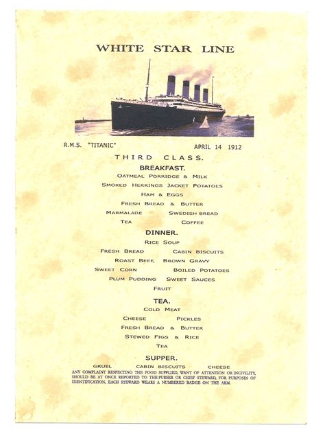 Titanic Recipes, Titanic Food, Titanic Activities, Real Titanic, Titanic Artifacts, Titanic Facts, White Star Line, Titanic Museum, Titanic History