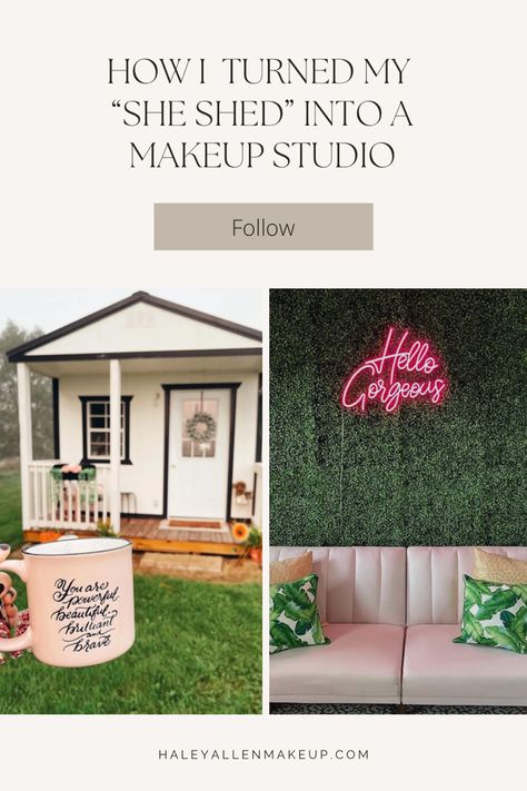 Basement Makeup Studio, Esthetician Shed Ideas, She Shed Boutique, Makeup Artist Room Ideas, Mua Room, Home Makeup Studio, Shed Bedroom Ideas, Makeup Artist Room, Makeup Studios