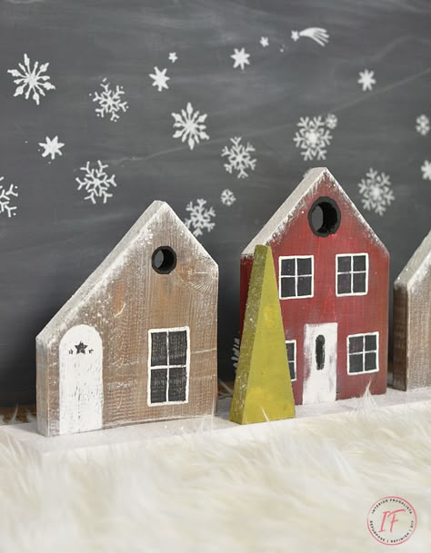 Diy Wood Village Houses, Decorative Wooden Houses, Wood Christmas Village Diy, Diy Wooden Christmas Village, Diy Winter Village, Scrap Wood Houses, Christmas Houses Village Display, Wood Christmas Village, Wooden Christmas Houses