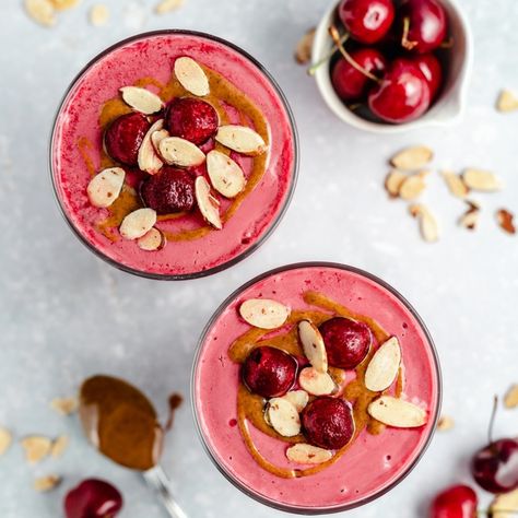 Delicious cherry smoothie recipe made with tart cherries, banana, creamy almond butter and a hint of almond extract. Add your favorite mix-ins, a boost of protein and a handful of spinach to this vegan cherry smoothie for a wonderful and refreshing breakfast or snack. #smoothie #cherries #vegan #breakfast #snack #dairyfree Cherry Almond Smoothie, Cherry Smoothie Recipes, Refreshing Breakfast, Butter Brands, Tart Cherries, Almond Smoothie, Snack Smoothie, Cherry Smoothie, Dairy Free Yogurt