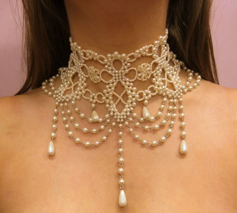 DIANA Choker €85  Lacy, feminine vintage style choker in lustrous cream pearl   http://costelloeandcostelloe.com/bridal/diana-choker-pearl Party Choker Necklace, Elegant Choker Necklace, Bride Choker Necklace, Vintage Pearls Aesthetic, Ariana Wedding, Jeweled Choker, Mystical Wizard, Feminine Vintage Style, Jewel Choker