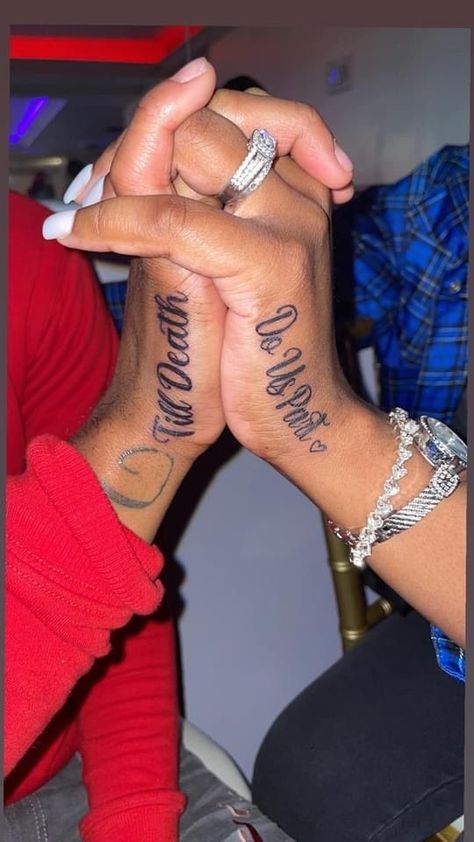 "Tattooed Lovebirds: Romantic Ideas for Couples' Tattoos" Designer Tattoo Ideas, Couples Hand Tattoos, Husband Wife Tattoos, Marriage Tattoos, Designer Tattoo, Him And Her Tattoos, Wife Tattoo, Best Couple Tattoos, Tattoo Designer