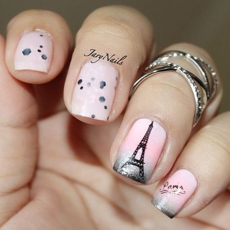 Paris themed nails Paris Nail Art, French Manicure Nail Designs, Pretty Nails Glitter, Paris Nails, Nail Design Video, French Manicure Nails, Cute Nail Art Designs, Pretty Nail Designs, Really Cute Nails