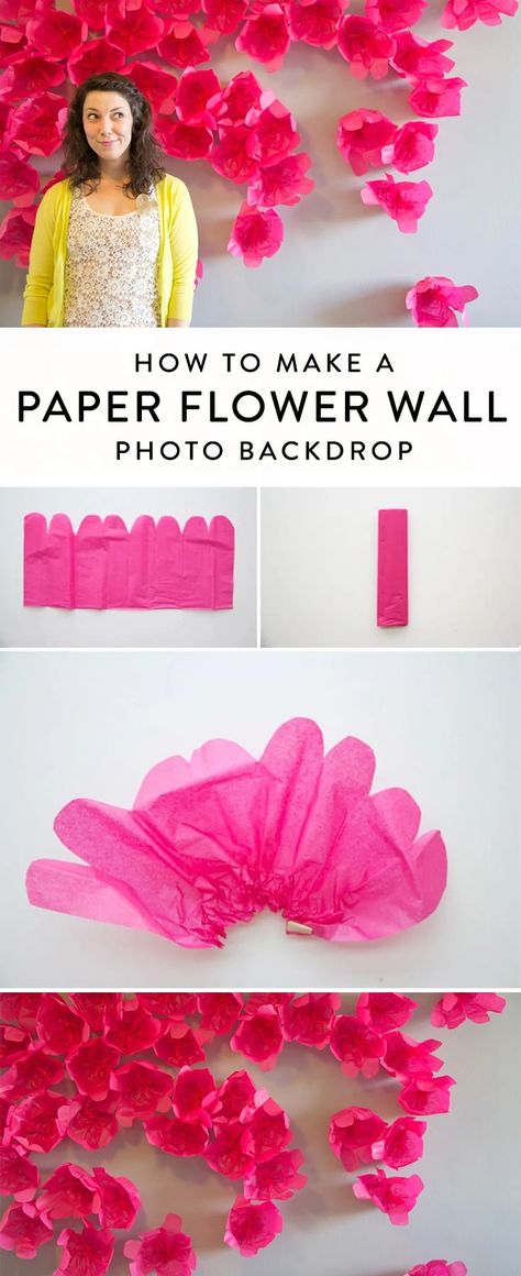 This paper flower wall is easy, fast, and very affordable. The tissue paper flower idea is simple to create and perfect for showers, weddings, parties, birthdays, and lots more. Click for the tutorial to make this photo backdrop for photography or parties. Tissue Paper Flowers Easy, Flower Diy Paper, Easter Photo Backdrop, Paper Flower Backdrop Diy, Paper Origami Flowers, Flower Backdrops, Tissue Paper Flowers Diy, Diy Photo Backdrop, Tissue Flowers