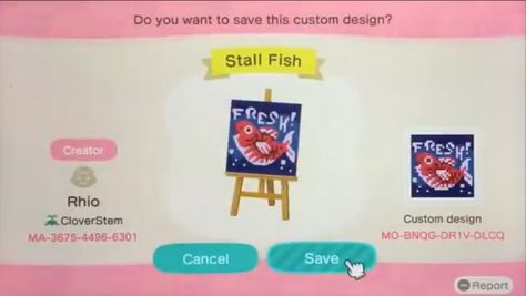 Acnh Fish Stall Design, Acnh Fish Market Design, Acnh Fish Market Design Codes, Acnh Fish Market, Acnh Market, Animal Crossing Fish, Acnh Signs, City Core, Motif Acnl