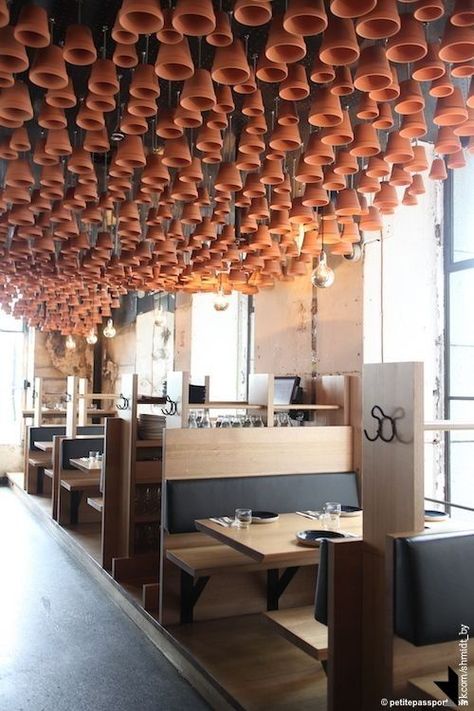 Unique and Unusual Ceiling Design Ideas  Unique and Unusual Ceiling Design Ideas is a part of our design inspiration series. Design inspirational series is a weekly showcase of incredible furniture designs from all around the world. Interesting Restaurant Design, Ceiling Design For Cafe, Ceiling Design Cafe, Unique Ceiling Design, Unique Ceiling Ideas, Cafe Ceiling, Ceiling Feature, Ceiling Texture, Banquette Seating