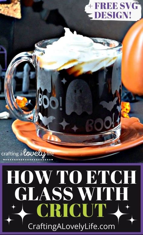 Today I am going to show you how to etch glass using your Cricut! This etched Halloween mug was so much fun to make and surprisingly easy! HALLOWEEN CRICUT PROJECT, HOW TO ETCH GLASS, ETCH GLASS CRICUT TUTORIAL, CRICUT, CRICUT MADE, DESIGN SPACE, DIY, CRICUT MAKER, CRICUT EXPLORE, CRICUT TUTORIALS, DIY TUTORIAL, EASY DIY, CRAFT IDEAS, EASY CRICUT PROJECTS, CRICUT FOR BEGINNERS, CRICUT HALLOWEEN PROJECTS, CRICUT STENCIL TUTORIAL Etched Mug Ideas, Coffee Cup Glass Etching, How To Make Glass Can Cups, Cricut Glass Cups Ideas, Cricut Etched Glass Projects, Etch Glass With Cricut, Etched Glass Ideas, Glass Etching Ideas, Cricut Halloween Projects