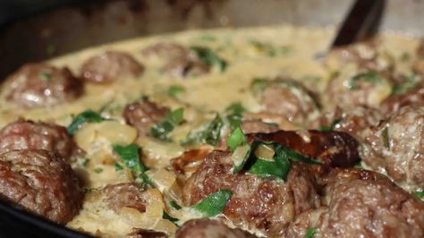 Golden lamb meatballs in creamy mushroom and herb gravy   - thefarmingchefs Ground Lamb Meatballs, Herb Gravy, Berbere Spice, Lamb Meatballs, Onion Gravy, Ground Lamb, Porcini Mushrooms, Creamy Mushrooms, Fresh Rosemary