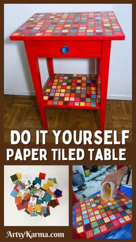 In this tutorial, I’m going to show you how you can create an amazing tabletop with scrapbook paper tiles covered with resin.Also, check out my r esined chair makeover tutorial. Who else has picked up a piece of road side furniture with the aims of repainting it and making it awesome?I know that I have too many times. You should see my garage.I hope that I can inspire you today to turn a thrift shop or yard sale side table into a colorful masterpiece.How do you make a tile out of pap… Paper Tiles, Decorated Table, Resin Table Top, Mosaic Table Top, Tile Table, Tile Covers, Diy Home Decor Crafts, Table Diy, Mosaic Projects