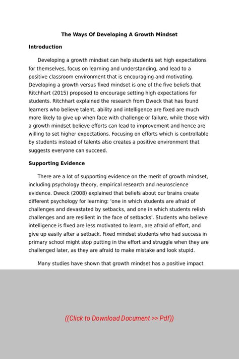 Sample Essay on the Topic:  The Ways Of Developing A Growth Mindset,
Subject: Psychology, Essay Type: None, Word Count: 900 | Visit our site to get full access to the essay document, or to Order a similar essay, plagiarism-free. Follow the link above. Psychology Essay, Positive Classroom Environment, Fixed Mindset, Writing Essentials, Research Writing, Word Count, Sample Essay, High Expectations, Classroom Environment