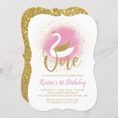 Swan Birthday Party Invitation | Pink and Gold | Zazzle.com Swan Birthday Invitation, Pink 1st Birthday, Swan Birthday, Gold Swan, Princess Birthday Invitations, Girl 1st Birthday, Swan Princess, 1st Birthday Invitation, Birthday Invitations Girl