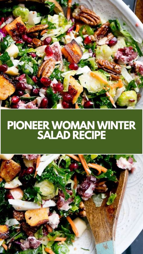 This delicious Pioneer Woman Winter Salad is a quick and nutritious meal perfect for chilly days. Packed with fresh kale, roasted butternut squash, and candied pecans, it’s a simple yet flavorful dish. You can easily swap ingredients like the goat cheese or apples to suit what you have on hand! Pioneer Woman Ultimate Winter Salad, Christmas Salad Half Baked Harvest, Winter Goat Cheese Salad, Root Vegetable Salad Recipes, Fall And Winter Salads, Kale Salad Chicken, Winter Veggie Salad, Winter Cabbage Salad, Seasonal Salads Winter