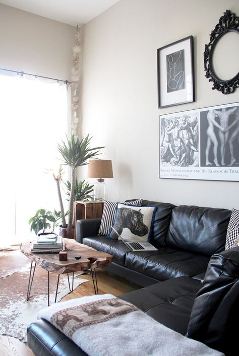 House Tour: A Unique, Antique San Francisco Apartment | Apartment Therapy Accent Chair With Black Leather Couch, Black Couch Decor, Black Leather Sofa Living Room, Black Leather Couch Living Room, Mens Apartment, Lounge Colours, Sala Industrial, Condo Room, Black Sofa Living Room Decor