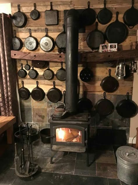 Cast iron storage Cast Iron Storage Ideas, Iron Storage Ideas, Cast Iron Display Ideas, Cast Iron Display, Cast Iron Storage, Stove Ideas, Cast Iron Pans, Wood Stove Fireplace, Iron Storage